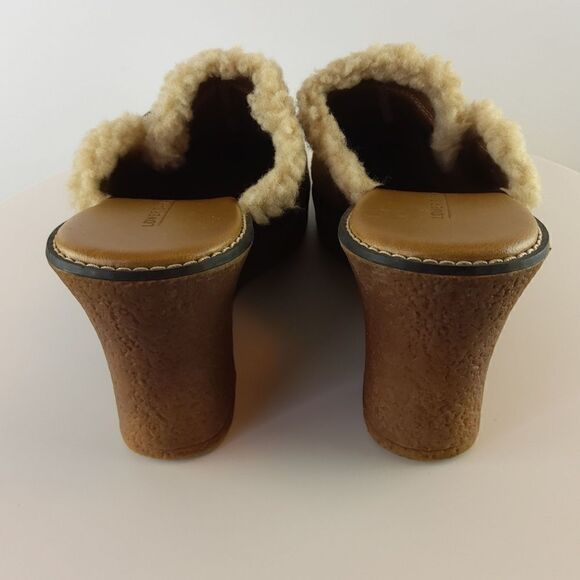 Lower East Side camel color faux suede wedge heel clogs with faux fur - Picture 8 of 15